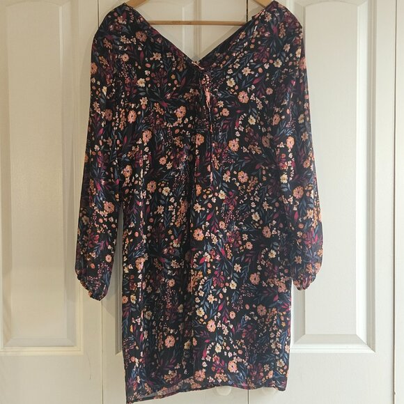 MSK Floral Chiffon Dress Size XL Sheer Sleeve Tie Back Boho Romantic Fall Outfit - Picture 4 of 10